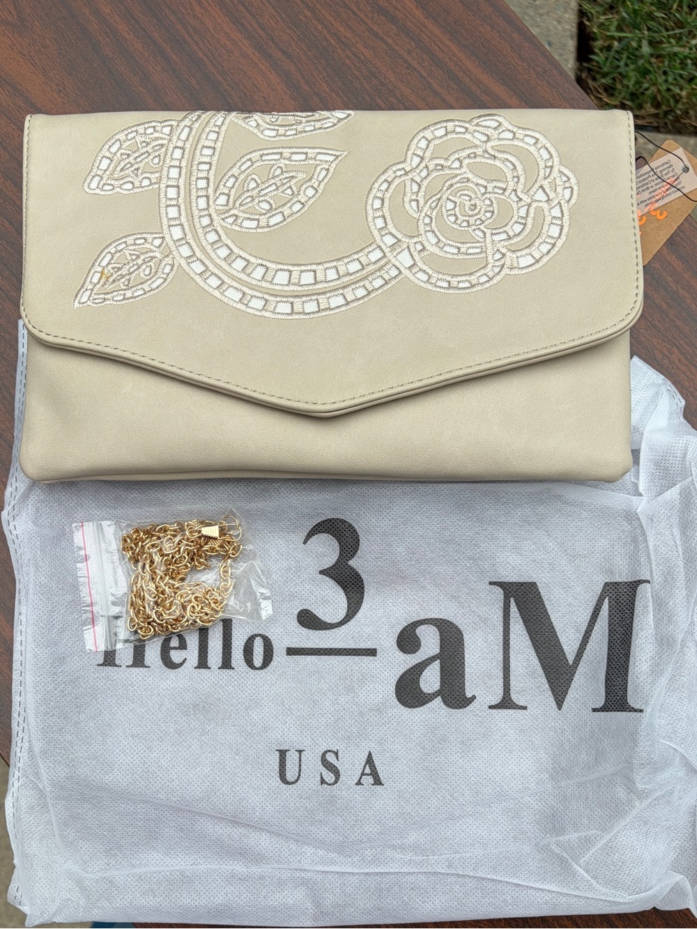 Hello 3AM Beige Embroidered Floral Clutch Crossbody Gold Chain NWT